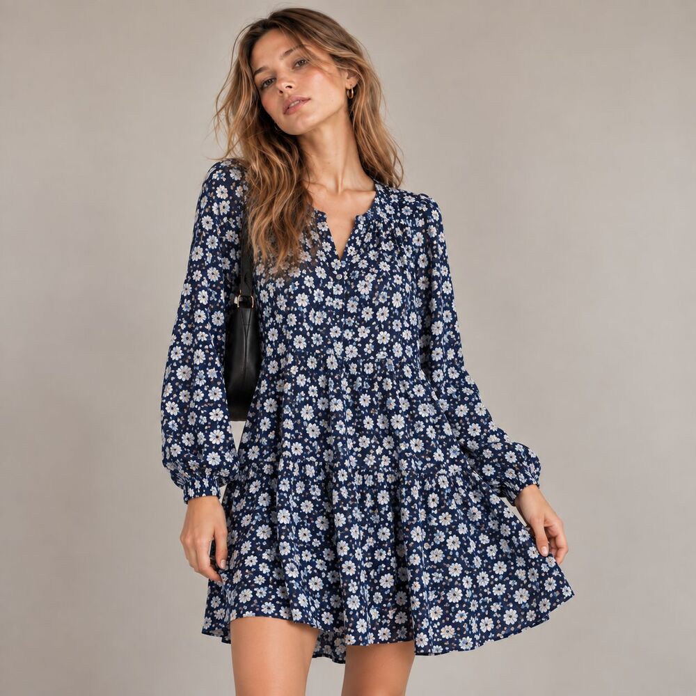 LOFT Women's S Navy Blue White Ditsy Floral Long Sleeve Fit Flare Dress Preppy